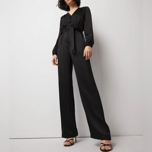 WHBM V Neck Satin Long Sleeve Wide Leg Black Jumpsuit Size 6 NEW